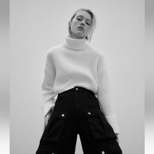 Zara White Knit Rib Crop Turtleneck Sweater